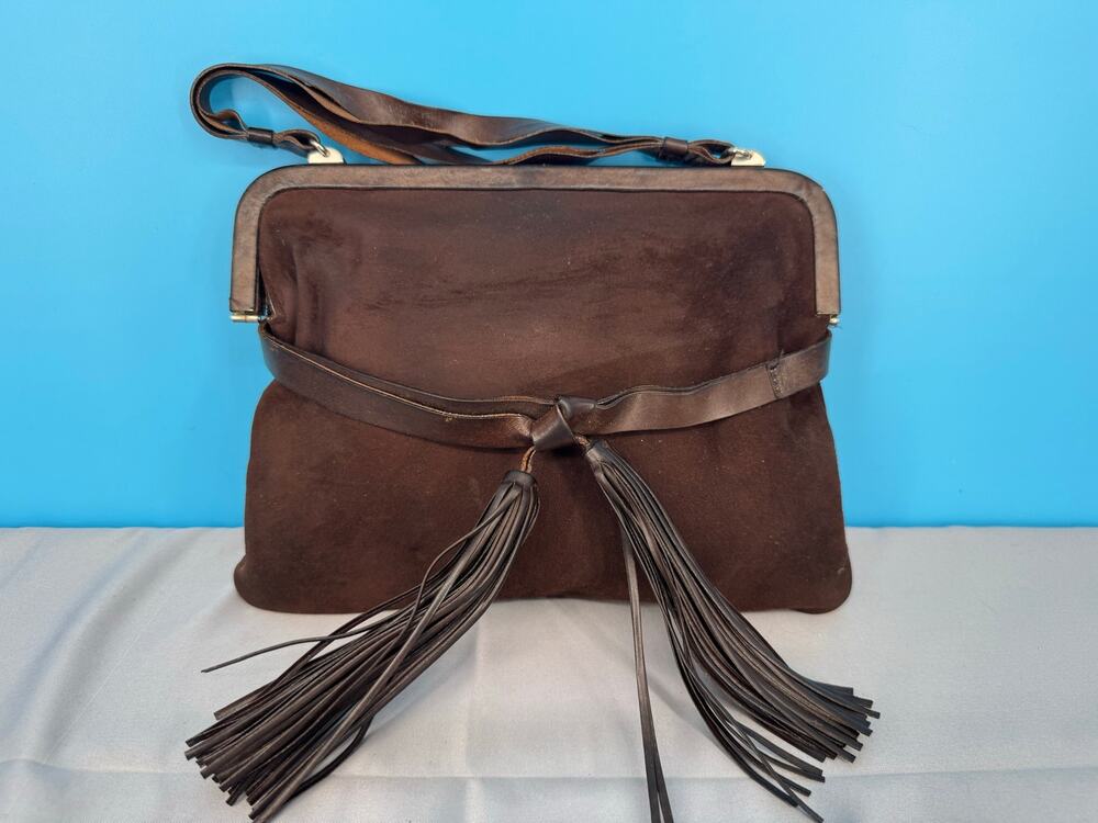 Bruno Magli Brown Suede Leather Tassel Clutch Shoulder Bag Made in Italy